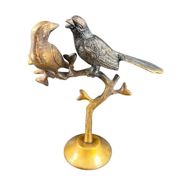 Vintage Brass Love Birds Sitting On The Tree Sculpture Figurine Heavy Figure VTG